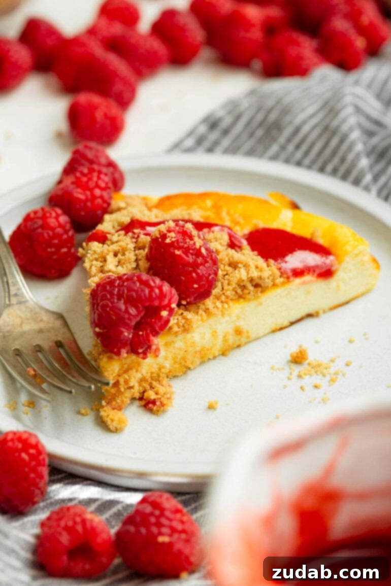 Baked Yogurt Cheesecake 6 A delectable slice of Cheesecake Baked Yogurt on a small white plate, adorned with a sprinkle of graham cracker crumbs, juicy whole raspberries, and a delicate drizzle of raspberry sauce.