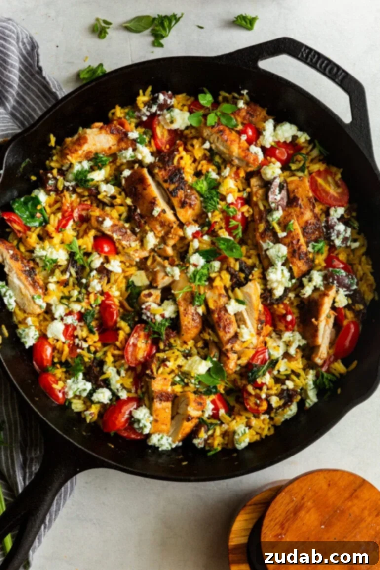 A cast iron pan with cooked Greek rice, tomatoes, herbs, feta, and grilled chicken, ready to be served.