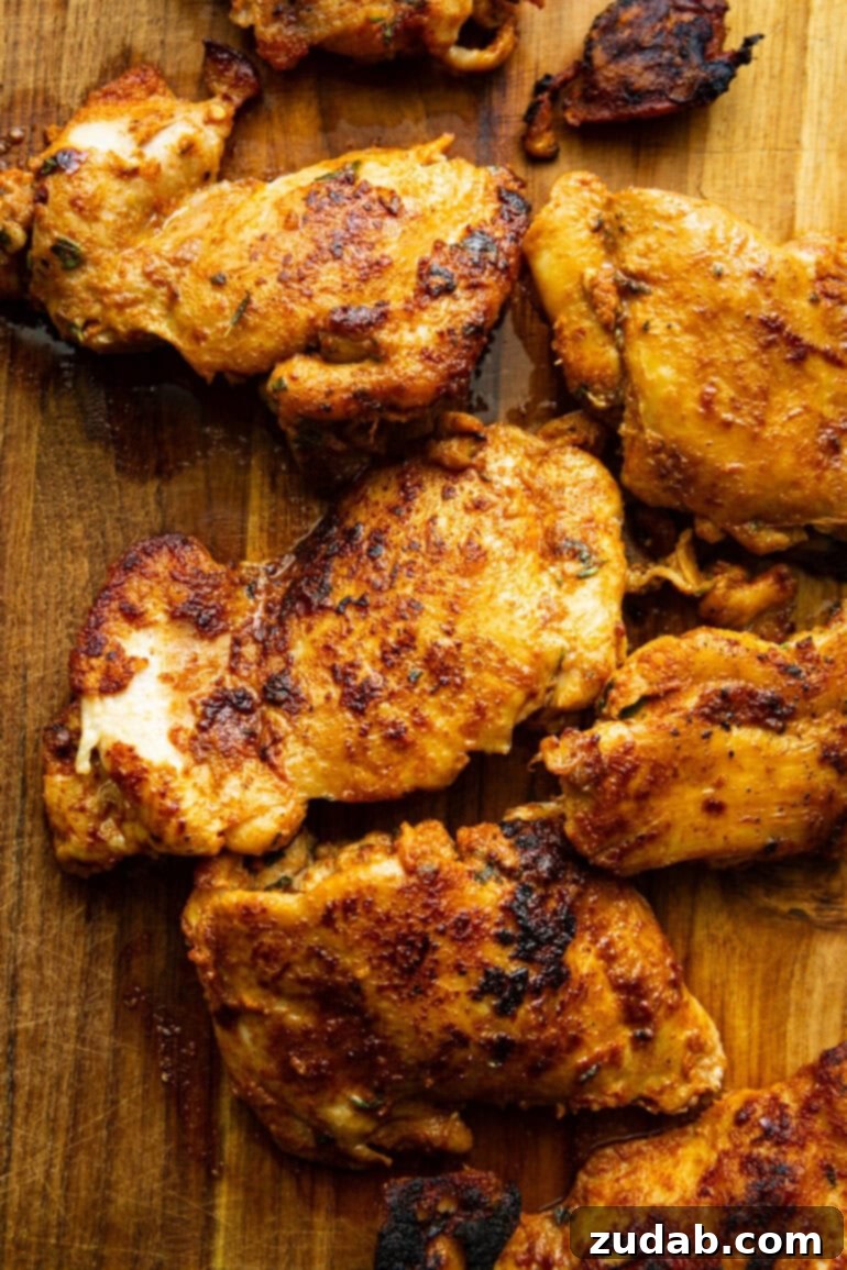 Perfectly Grilled Greek chicken thighs, golden brown and glistening, nestled among fresh herbs.