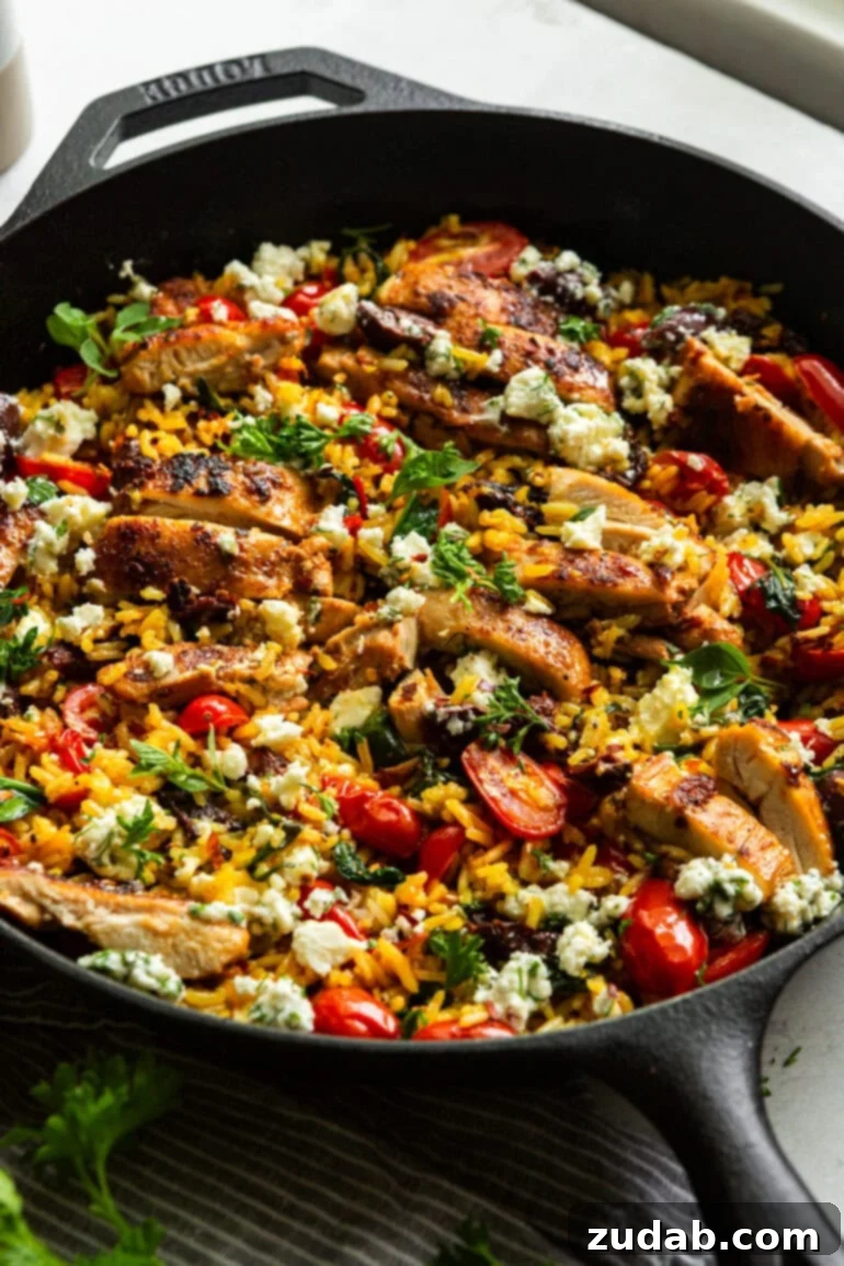 A cast iron pan with cooked Greek rice, tomatoes, herbs, feta, and grilled chicken, ready for a family dinner.