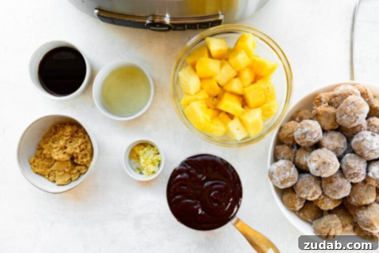 Slow Cooker Island Glazed Meatballs 5 All the vibrant ingredients for slow cooker Hawaiian meatballs neatly arranged in separate small bowls, including rich BBQ sauce, golden pineapple chunks, convenient frozen meatballs, sweet brown sugar, and aromatic minced garlic.