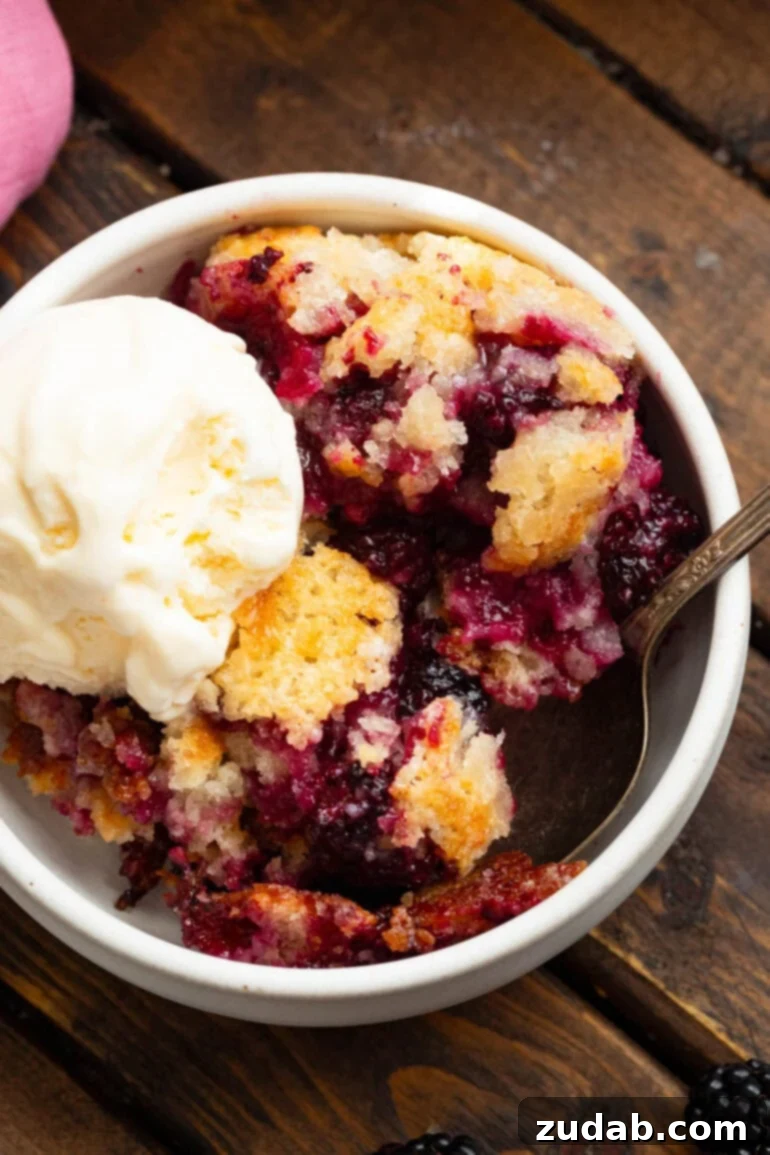 Timeless Blackberry Cobbler Bliss 2 A bowl of freshly baked old-fashioned blackberry cobbler, generously topped with a scoop of melting vanilla ice cream, ready to be enjoyed.