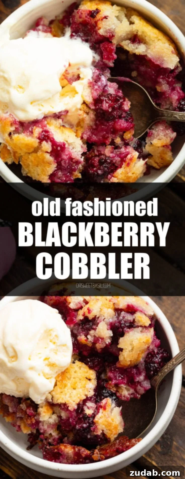 Timeless Blackberry Cobbler Bliss 14 A large bowl filled with golden-baked blackberry cobbler, beautifully topped with a scoop of creamy vanilla ice cream, capturing the essence of a perfect summer dessert.
