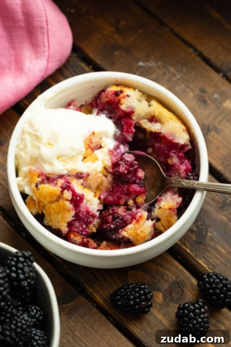 Timeless Blackberry Cobbler Bliss 5 A close-up shot of a single serving of golden-baked blackberry cobbler, topped with a scoop of creamy vanilla ice cream, highlighting its warm, inviting appeal.
