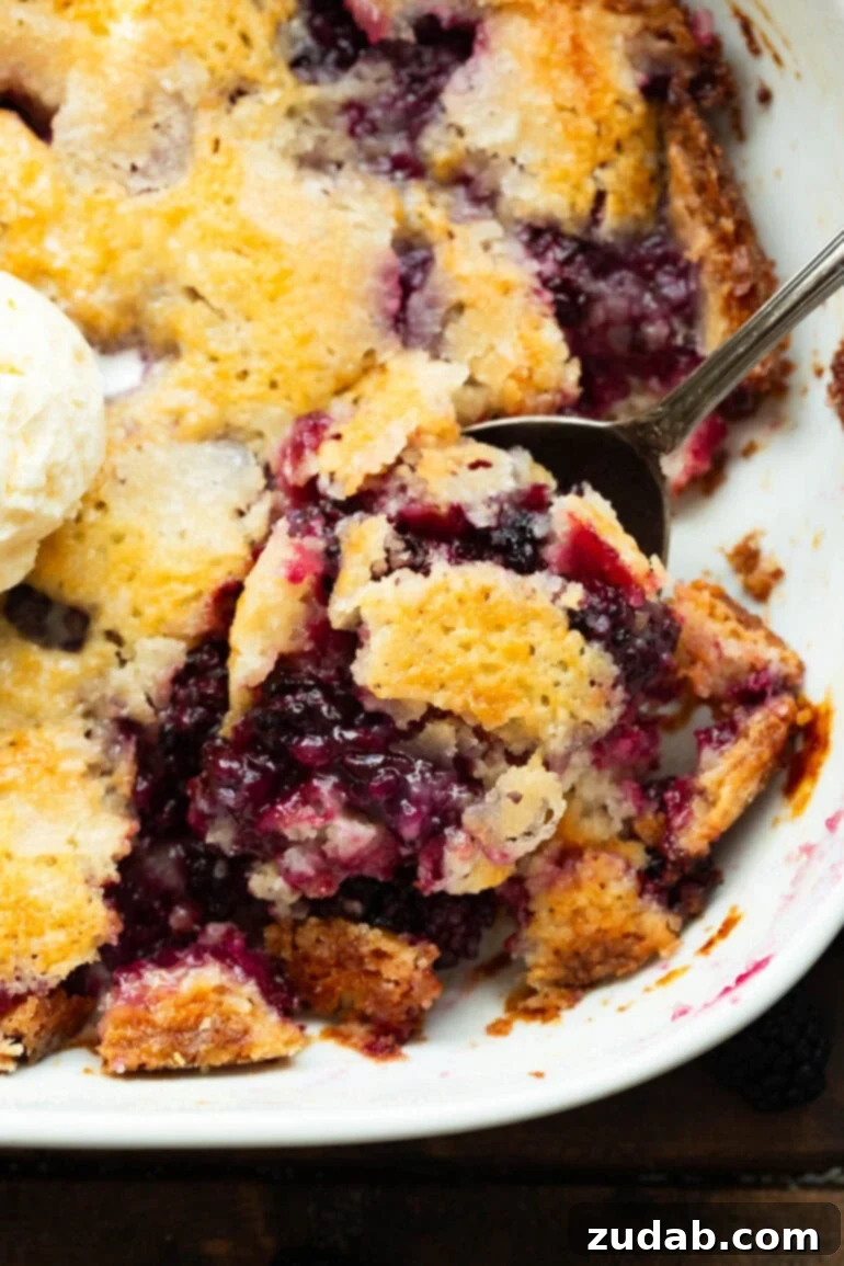 Timeless Blackberry Cobbler Bliss 7 A hand scooping a generous portion of warm, golden-baked blackberry cobbler from a large baking dish, ready for serving.