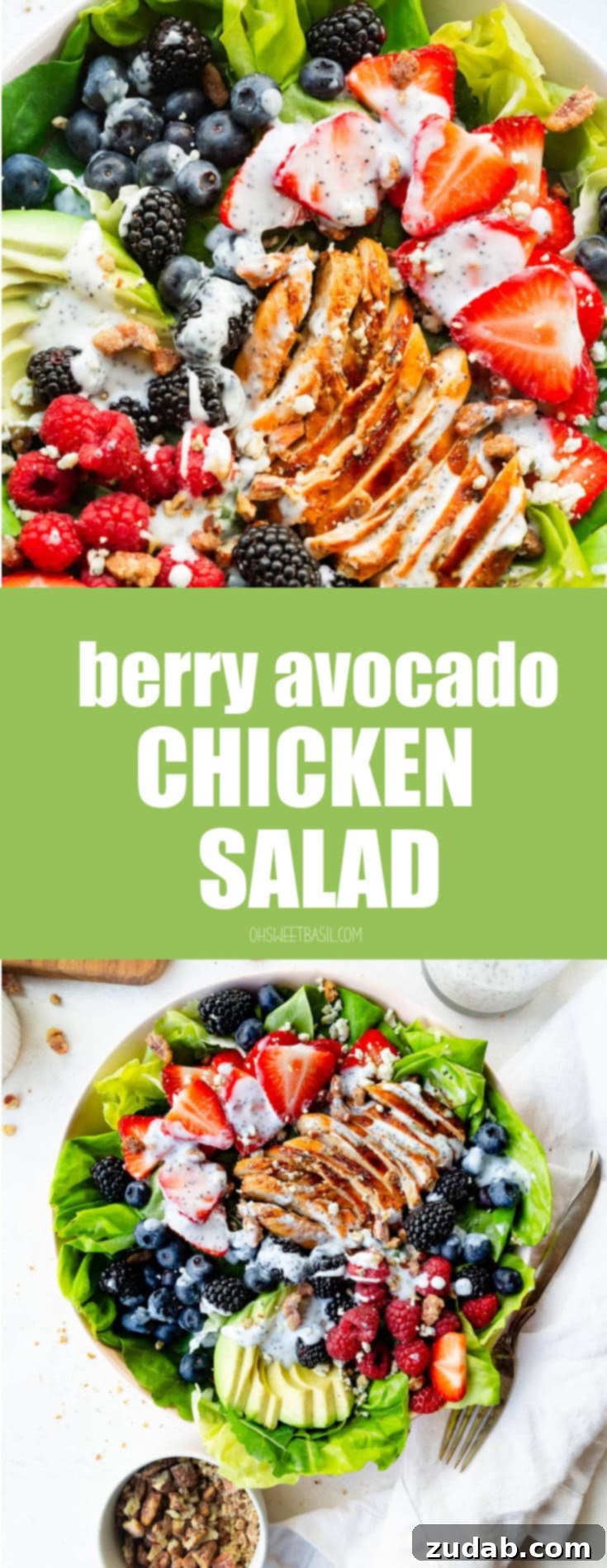Fresh & Fit Berry Avocado Chicken Salad 11 A close-up overhead shot of a large bowl of Berry Avocado Chicken Salad, showcasing the vibrant colors of fresh berries, grilled chicken, creamy avocado, and a generous drizzle of poppyseed dressing, creating an enticing visual for a healthy meal.