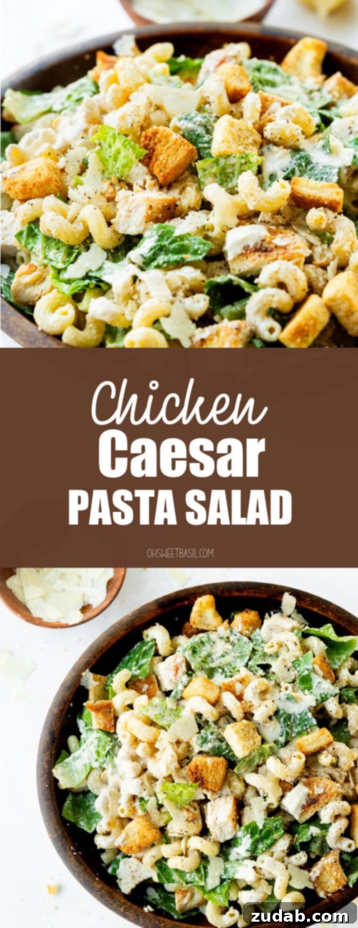 Creamy Chicken Caesar Pasta Salad 9 A large wooden serving bowl overflowing with a visually stunning Chicken Caesar Pasta Salad, perfectly coated in a creamy homemade Caesar dressing.