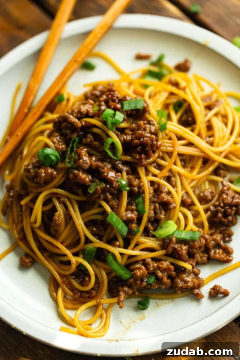 Easy Korean Ground Beef Noodles 2 A vibrant photo of saucy Korean ground beef tossed with perfectly cooked spaghetti, garnished with fresh sliced green onions, ready to be enjoyed.