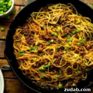 Easy Korean Ground Beef Noodles 11 a photo of a cast iron skillet full of cooked spaghetti noodles tossed with ground beef and chopped scallions