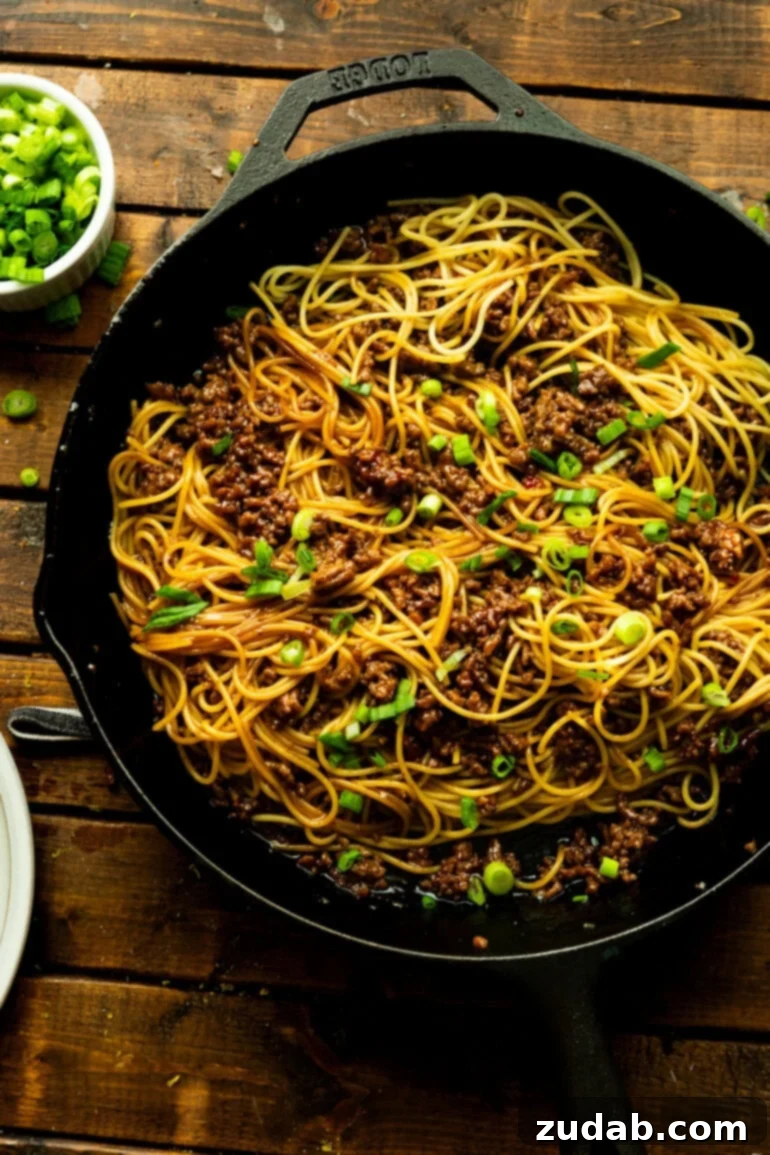 Easy Korean Ground Beef Noodles 3 An overhead shot of a cast iron skillet brimming with cooked spaghetti noodles thoroughly coated in Korean ground beef sauce and topped with freshly chopped scallions.