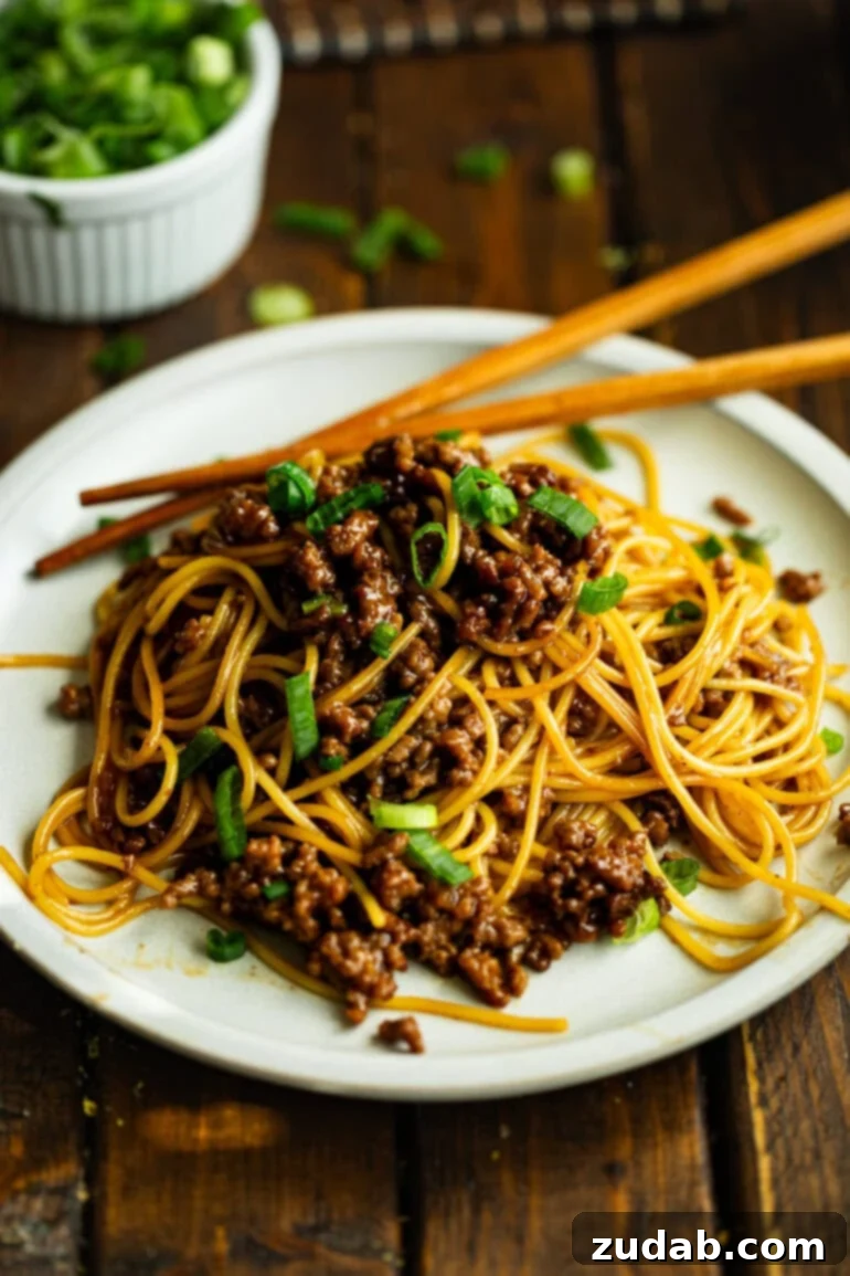 Easy Korean Ground Beef Noodles 9 A beautifully plated dinner of Korean ground beef noodles, garnished with fresh green onions, invitingly ready to be savored.