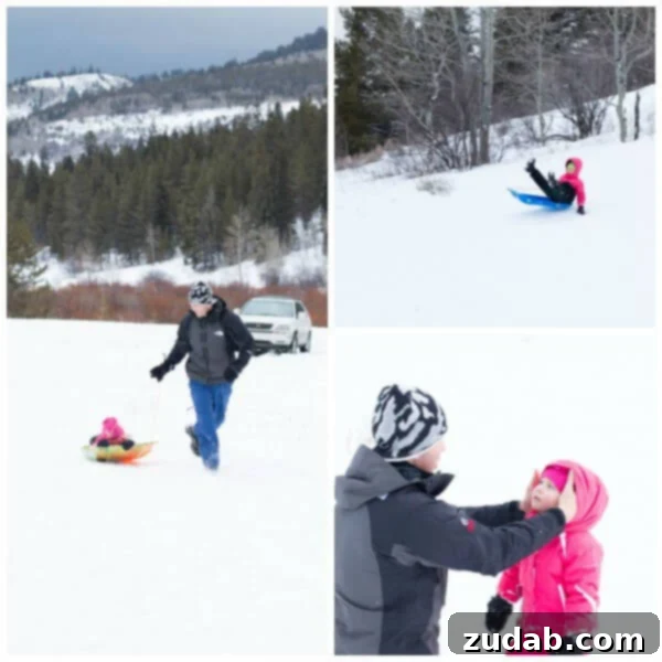 Joyful Sledding Moments at Teton Springs Children enjoying sledding at Teton Springs with big smiles.