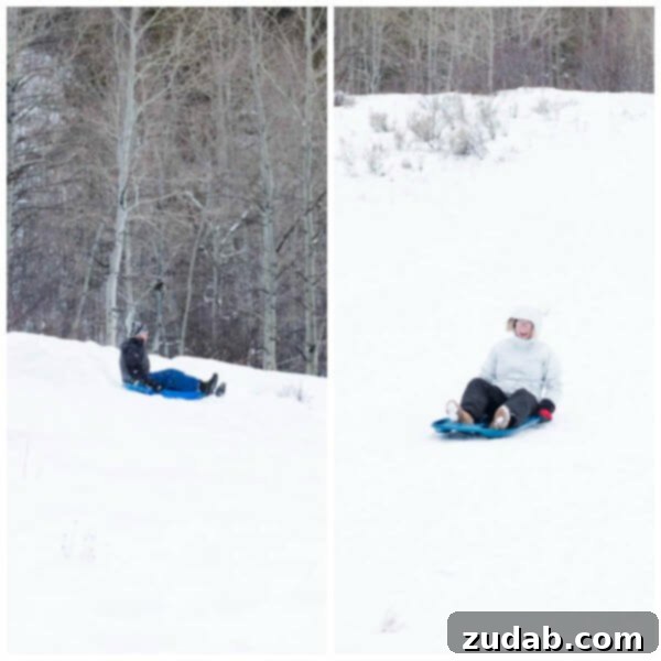 Family Fun Sledding in Victor Idaho Adults and kids having fun sledding at Teton Springs, creating family memories.