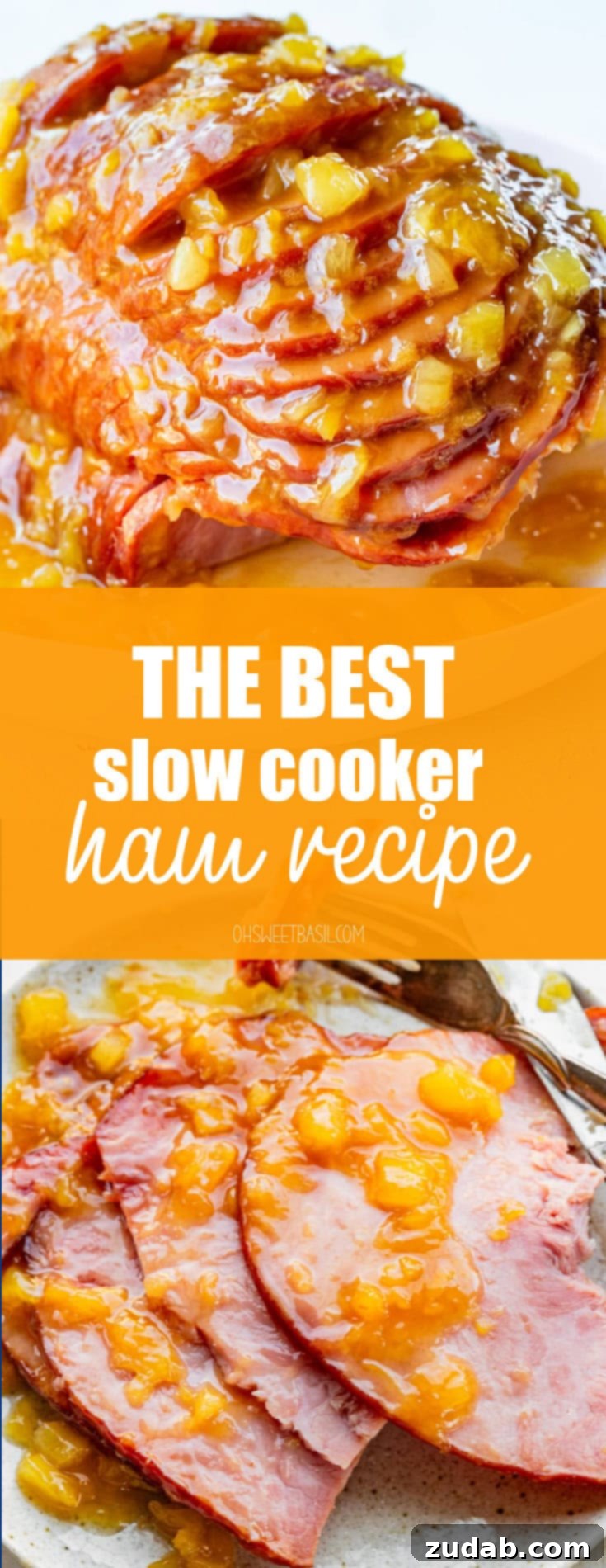 Your New Favorite Slow Cooker Ham 12 a photo of several slices of ham stacked on a white plate topped with a pineapple brown sugar glaze