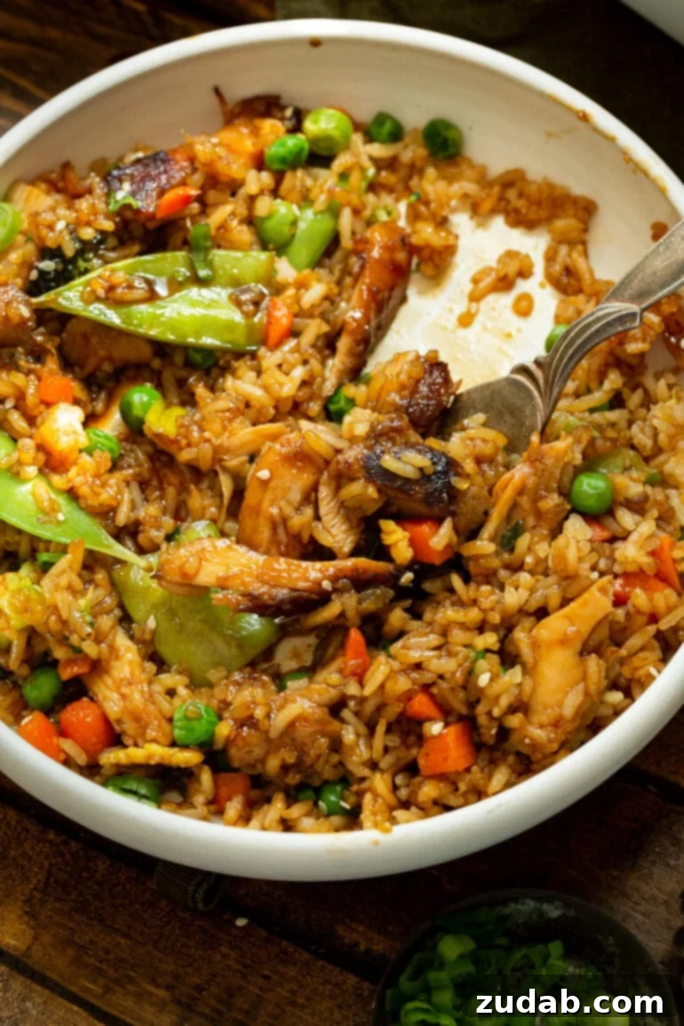 The Best Teriyaki Chicken Casserole 4 A large, inviting bowl filled with Teriyaki Chicken Casserole, featuring a fork sticking out, ready to be enjoyed. The rich textures of fried rice, tender chicken, and colorful vegetables are visible, hinting at the deliciousness within.