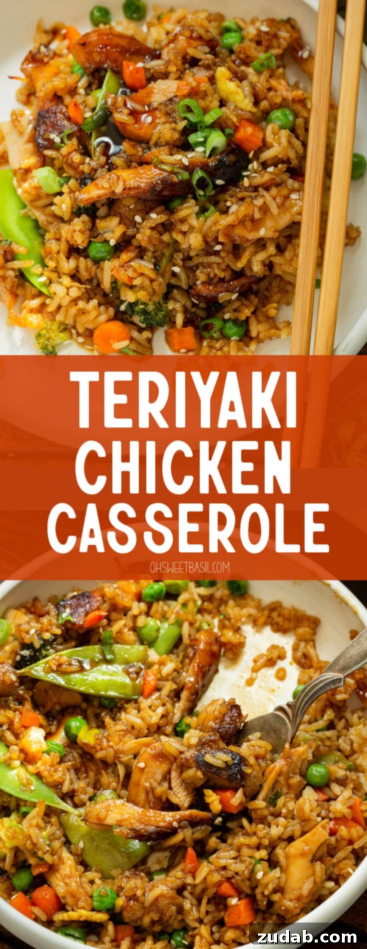 The Best Teriyaki Chicken Casserole 8 A dinner plate featuring a hearty Teriyaki Chicken Casserole, complete with fried rice, generous chunks of chicken, and a colorful array of vegetables. Chopsticks rest neatly on the side, inviting you to dig in.