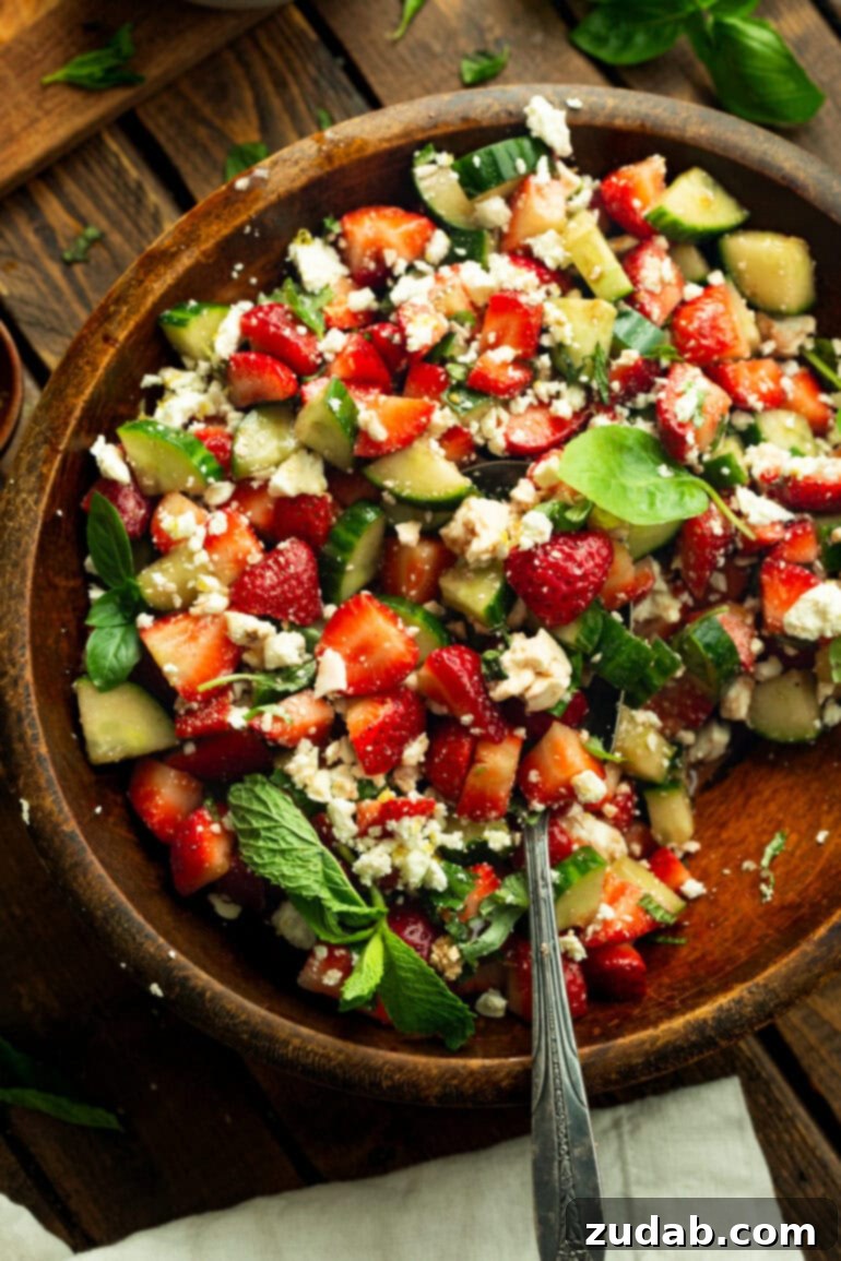 Refreshing Strawberry Feta Salad with Lemon, Cucumber, Basil and Mint 5 A vibrant strawberry cucumber feta salad artfully arranged in a large wooden bowl, ready to be served.