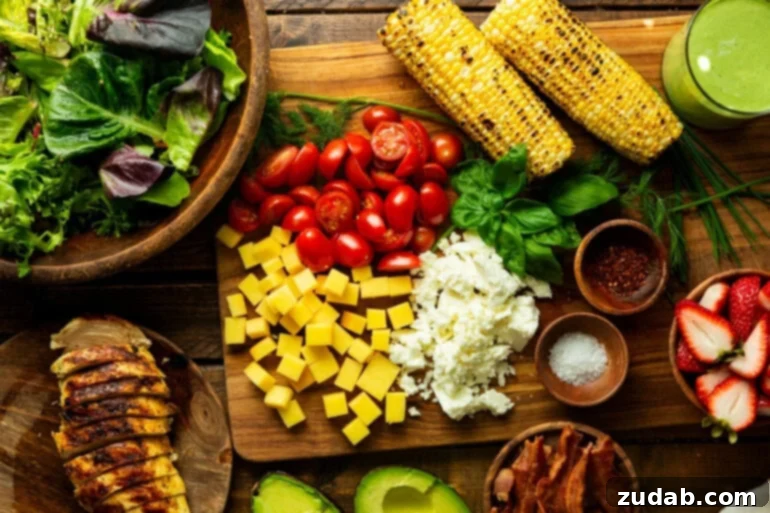 Summer Grilled Chicken Salad with Creamy Basil Dressing 3 a photo of all the ingredients for grilled chicken summer salad with mixed greens, grape tomatoes, charred corn on the cob, feta cheese, avocado, bacon and grilled chicken breast