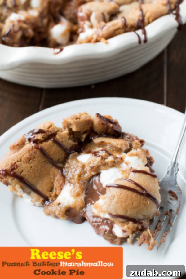 Homemade Reese's Dessert Pie Overhead view of Reese's Peanut Butter Marshmallow Cookie Pie in a pie dish, ready to be served.