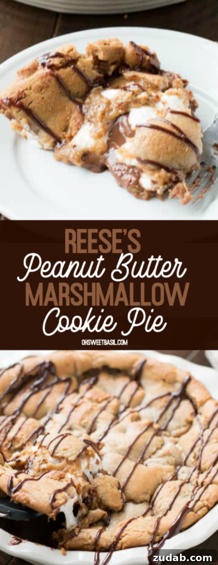 Reeses Peanut Butter Marshmallow Cookie Pie 4 A large, delicious slice of ooey gooey Reese's Peanut Butter Marshmallow Cookie Pie, showcasing its rich layers and melted treats.
