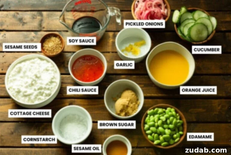 Easy High Protein Korean Beef Bowl with Cottage Cheese 3 a photo of all the ingredients for a korean ground beef cottage cheese bowl all in separate little bowls
