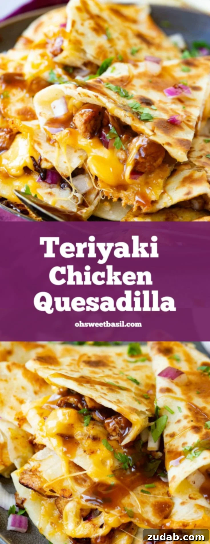 A photo of a slice of teriyaki chicken quesadilla garnished with minced red onion and chopped fresh cilantro.