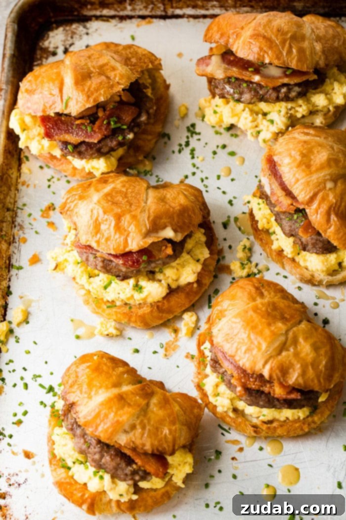 Bacon, Egg, and Cheese Croissant Breakfast Sandwiches 3 A photo of a sheet pan full of croissant breakfast sandwiches stuffed with eggs, sausage and bacon, ready for serving.