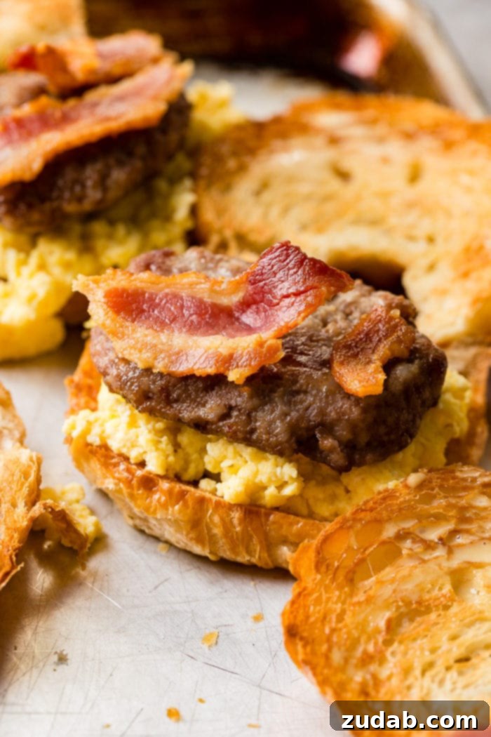 Bacon, Egg, and Cheese Croissant Breakfast Sandwiches 8 A photo of halved toasted croissants, piled with perfectly fluffy scrambled eggs, a savory sausage patty, and crispy bacon strips on one half.
