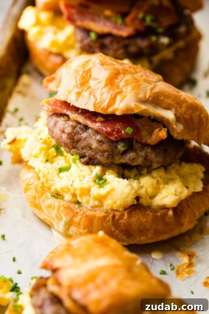 Bacon, Egg, and Cheese Croissant Breakfast Sandwiches 9 A photo of a gourmet breakfast sandwich on a croissant, filled with scrambled eggs, savory sausage, crispy bacon, and topped with fresh chives, ready to be eaten.