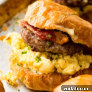 Bacon, Egg, and Cheese Croissant Breakfast Sandwiches 10 A delicious breakfast croissant sandwich with bacon, egg, and cheese.