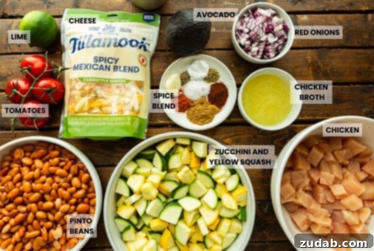One-Pan Fiesta Chicken & Zucchini Skillet 4 Various ingredients for Mexican chicken skillet, neatly arranged in separate small bowls: diced chicken, chopped zucchini, beans, spices, cheese, and toppings.