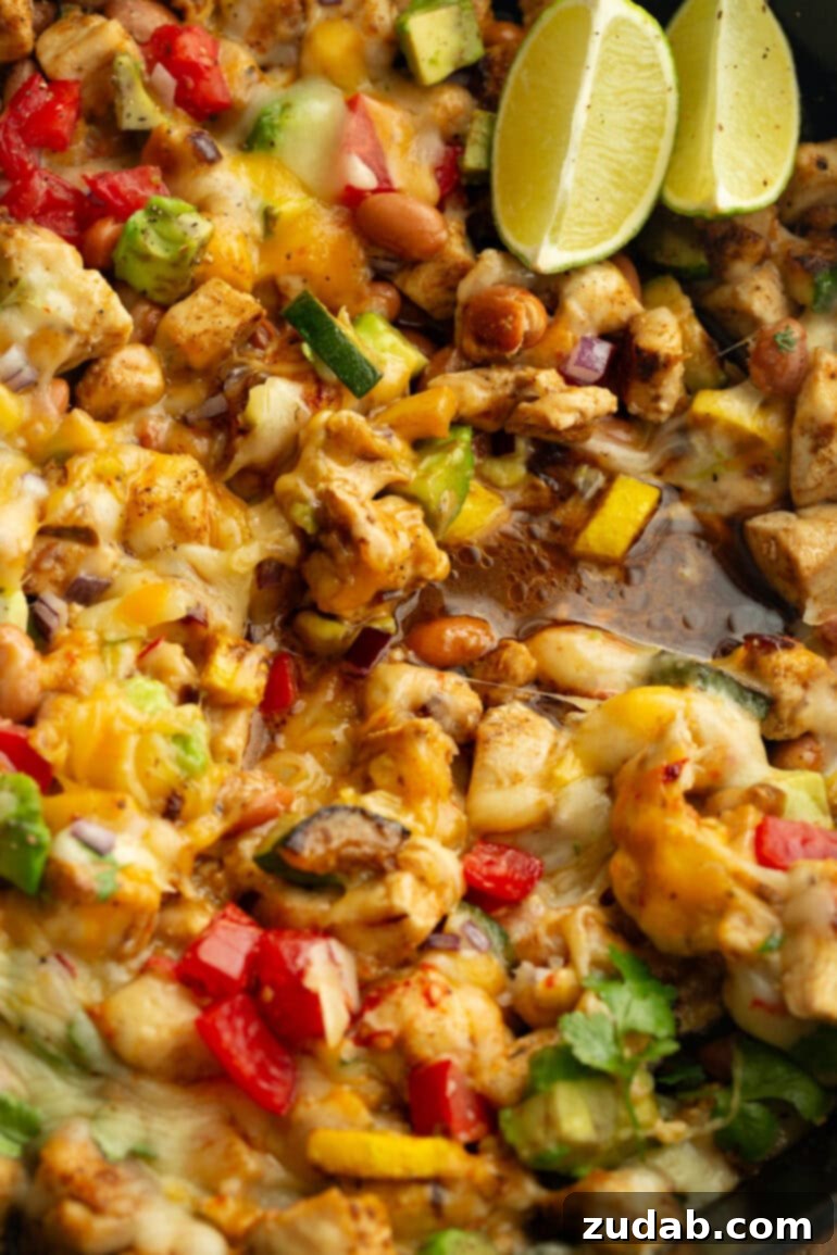 One-Pan Fiesta Chicken & Zucchini Skillet 7 Close-up of golden chunks of chicken sautéed with vibrant zucchini and yellow squash, generously topped with melted cheese, creamy avocado slices, and diced tomatoes.