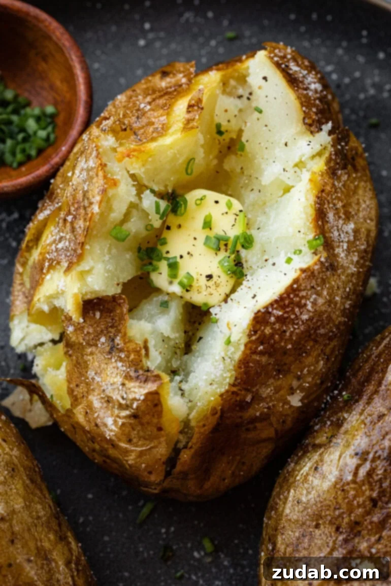 Ultimate Crispy Air Fryer Baked Potatoes 2 Air fry baked potatoes sliced open to reveal its fluffy, steaming center. A melting pat of butter and a sprinkle of fresh chives nestle inside the split potato. These crispy air fryer baked potatoes are perfect for any meal, offering a delightful contrast between their golden skin and soft interior.