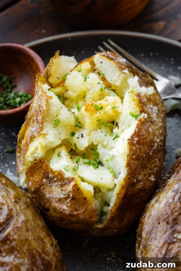 Ultimate Crispy Air Fryer Baked Potatoes 6 Three air fry baked potatoes sit side by side, one sliced open to reveal its fluffy, steaming center. A melting pat of butter and a sprinkle of fresh chives nestle inside the split potato. These potatoes demonstrate the perfect outcome of air frying – golden, crisp skins and tender, fluffy insides, ready for any topping.