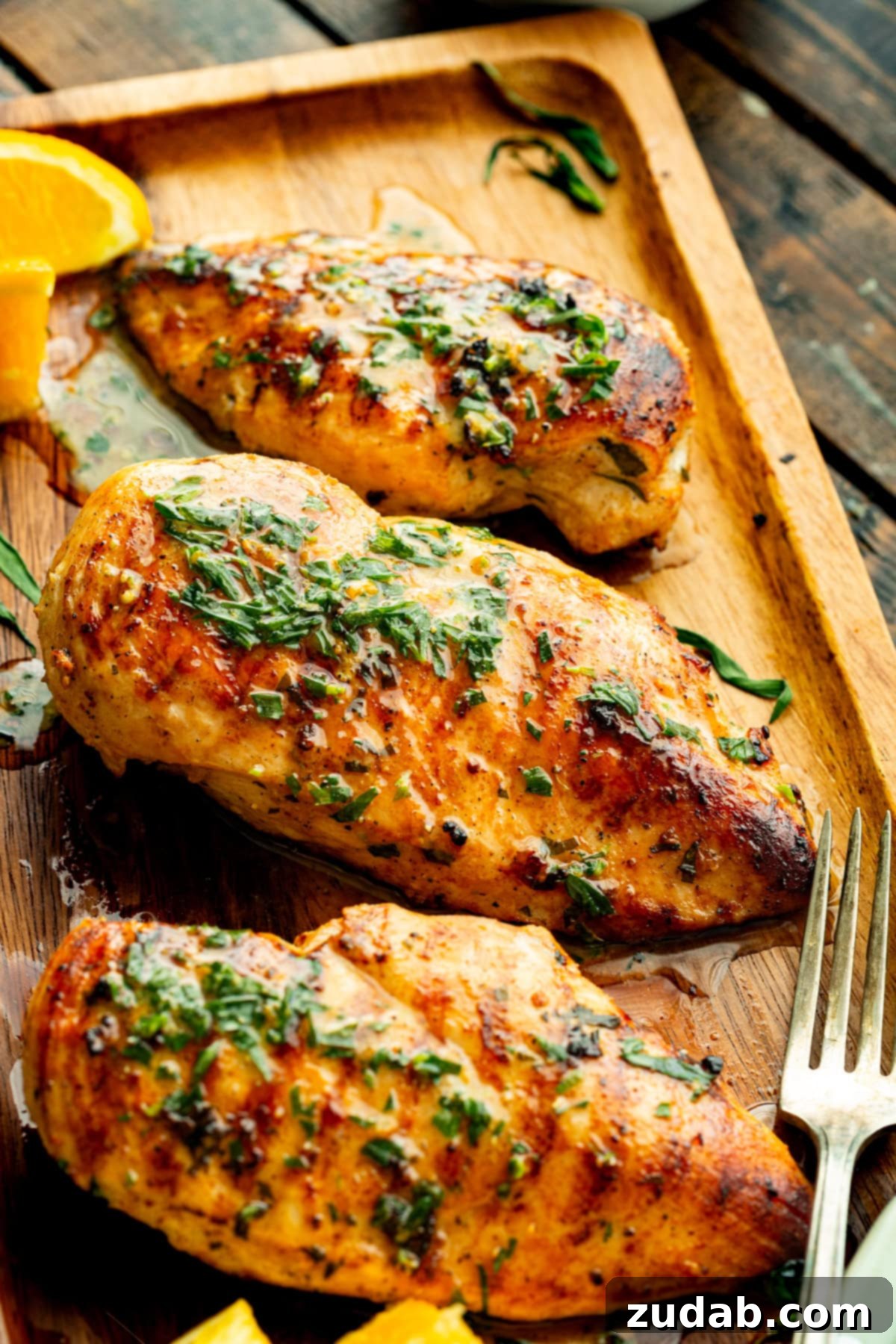 Sun-Kissed Citrus Grilled Chicken Marinade 4 Grilled chicken breasts on a wooden tray with orange wedges, glistening with citrus marinade and fresh herbs.