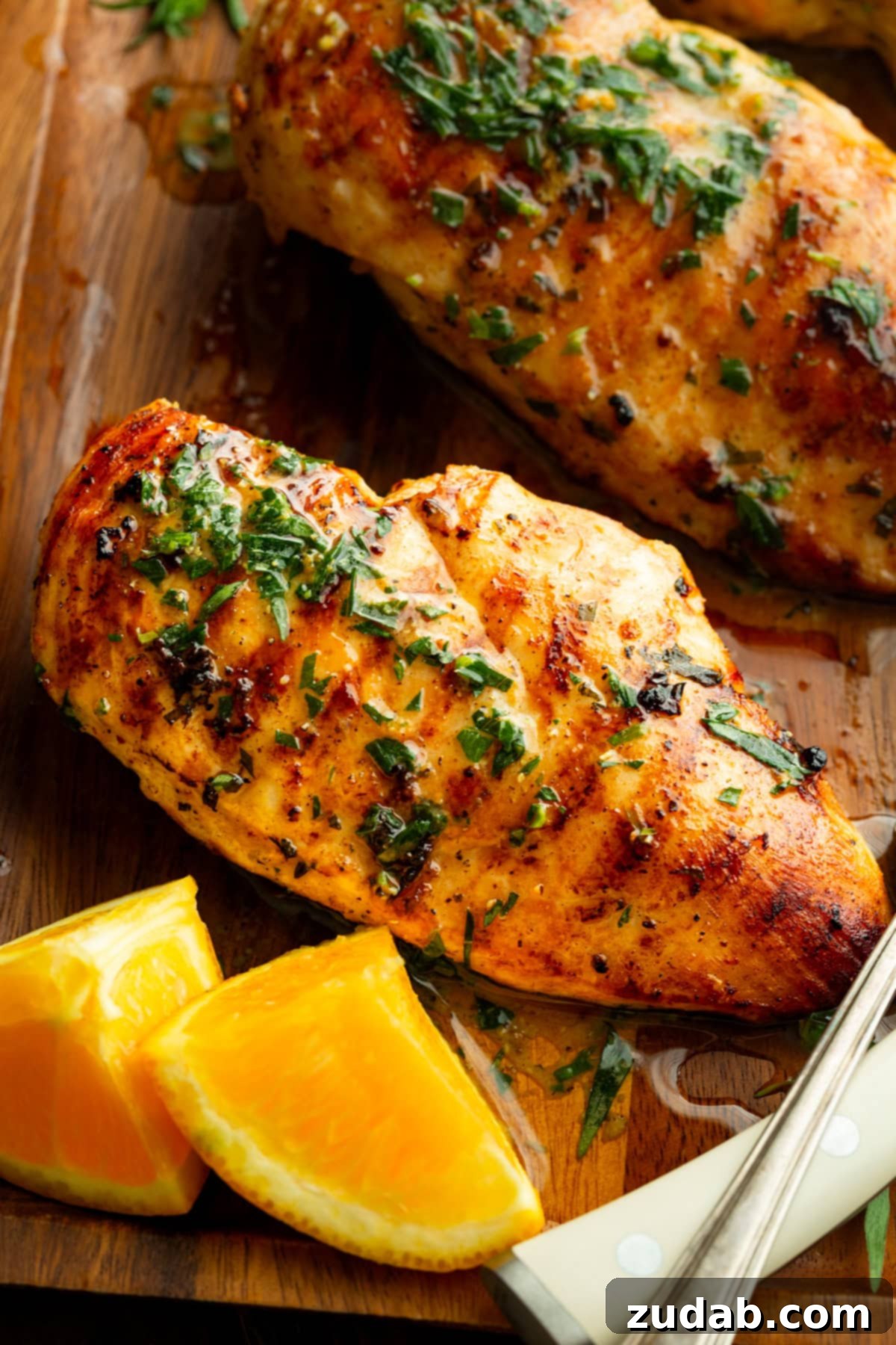 Sun-Kissed Citrus Grilled Chicken Marinade 6 Multiple grilled chicken breasts on a wooden tray with orange wedges, glistening with citrus marinade and fresh herbs.