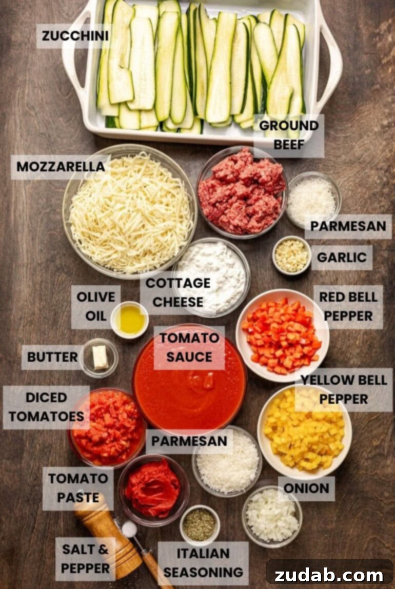 Perfect Zucchini Lasagna No Soggy Layers 2 all the ingredients for zucchini lasagna in small separate bowls