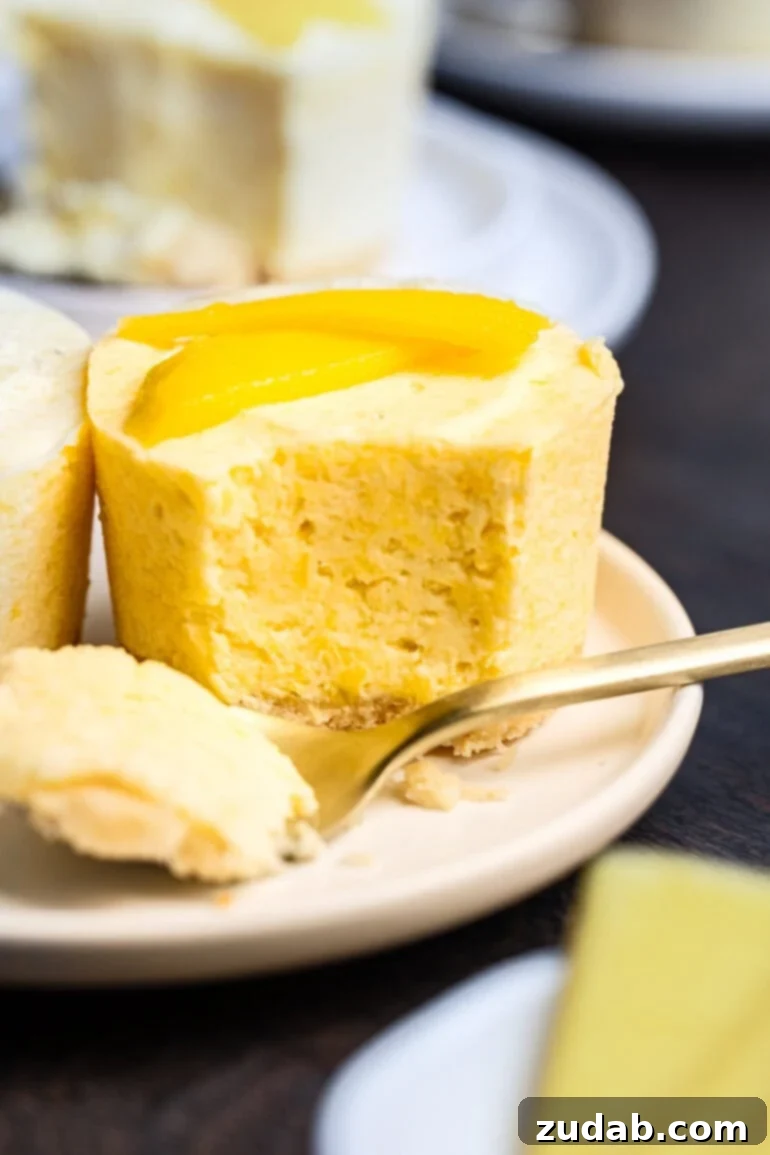 A small, perfectly sliced frozen mango pie with a fork taking a bite, revealing the creamy mango filling and crunchy macadamia crust, garnished with fresh mango slices.