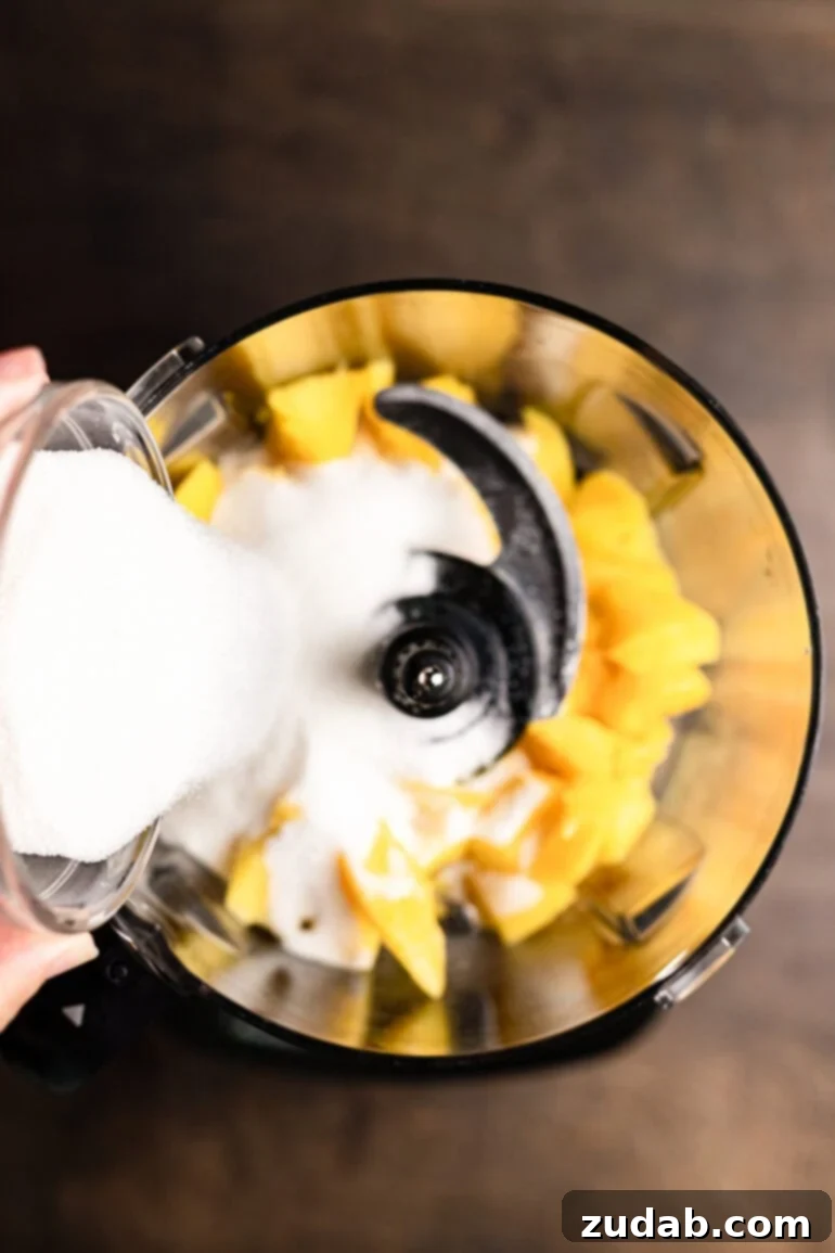 Step 9: Blending chopped mangoes with sugar and lemon juice.