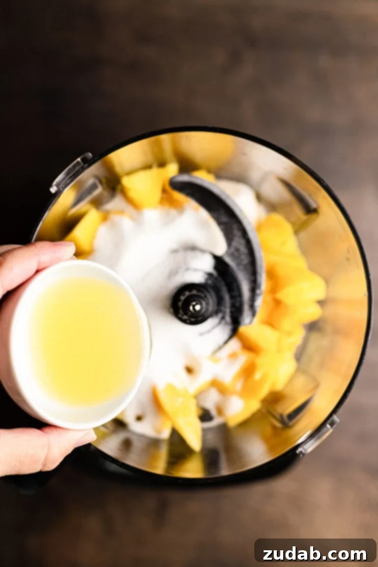 Step 10: Slowly adding the dissolved gelatin mixture to the mango puree in the blender.