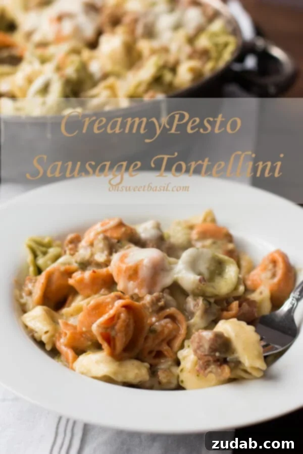Healthy Pesto Tortellini with Sausage and Mozzarella Creamy pesto sauce with a fraction of the calories but you'd never guess it ohsweetbasil.com sausage, tortellini, pesto, mozzarella