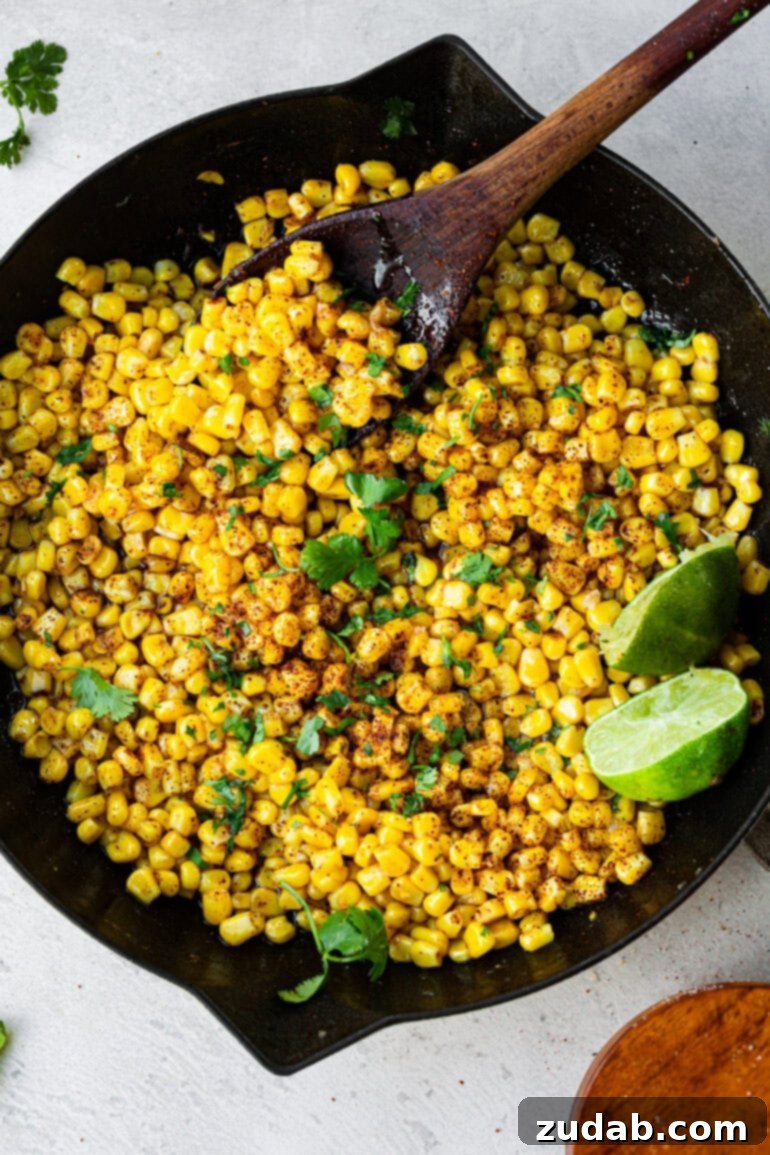 Easy 5-Minute Honey Lime Skillet Corn 2 Cooked corn coated in glossy honey butter sauce, speckled with chili powder and flecks of lime zest. Served in a rustic skillet.