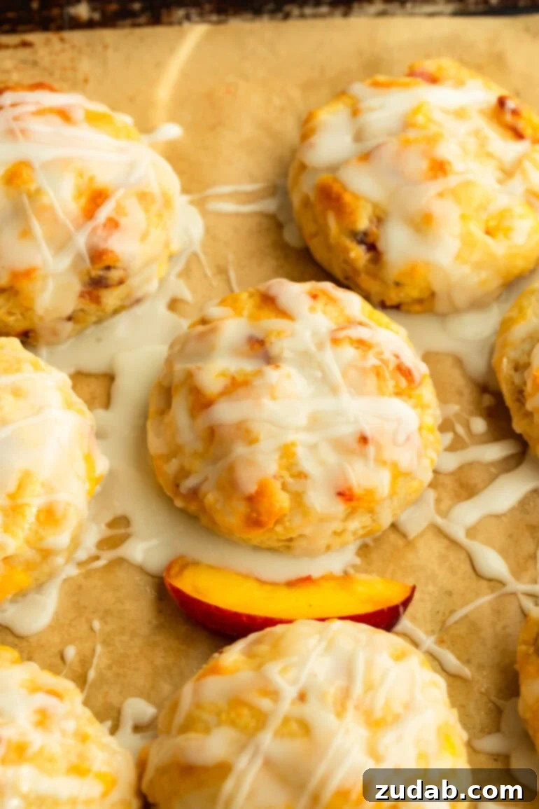 Sun-Kissed Peach Buttermilk Biscuits 2 Several golden-brown buttermilk peach biscuits on parchment paper, lightly drizzled with glaze, with fresh peach slices scattered around.