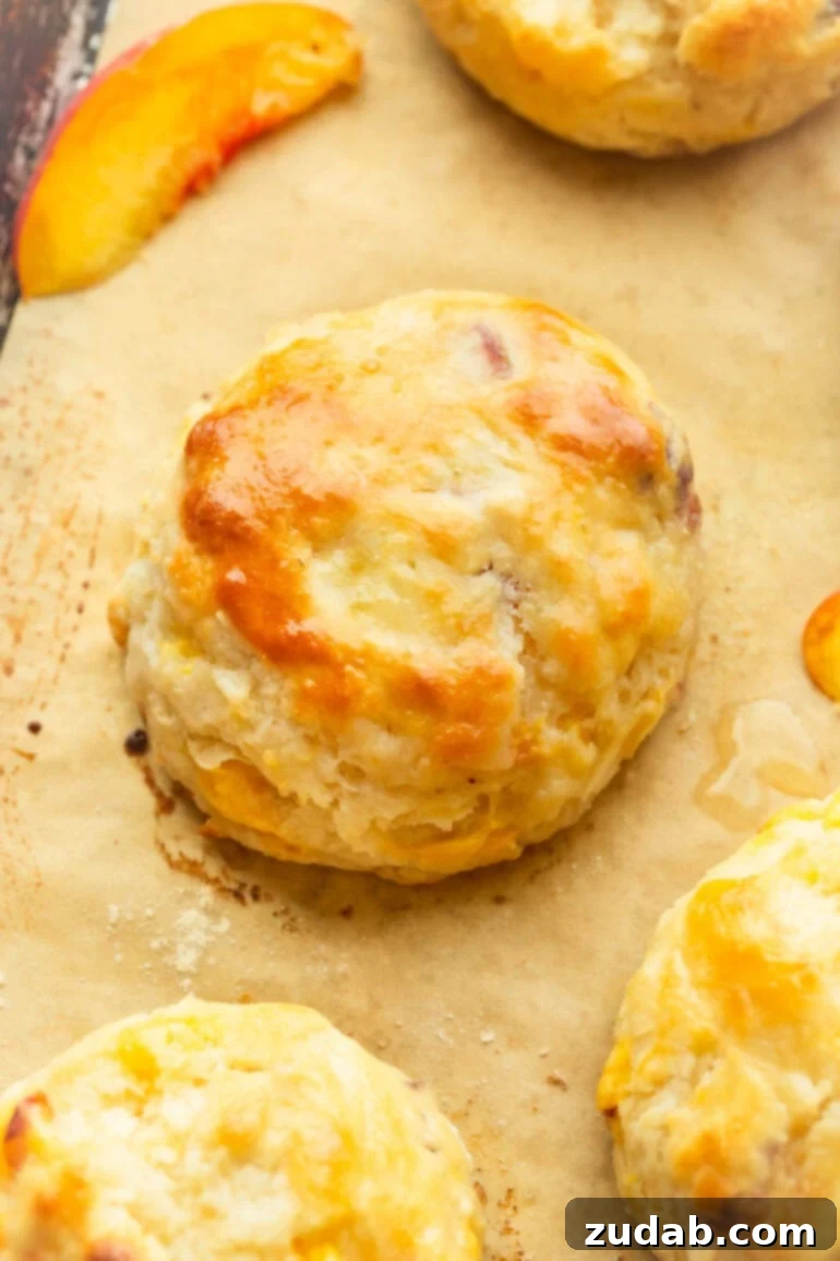 Sun-Kissed Peach Buttermilk Biscuits 3 A perfectly flaky buttermilk peach biscuit, featuring visible layers and golden brown edges, resting on parchment paper.