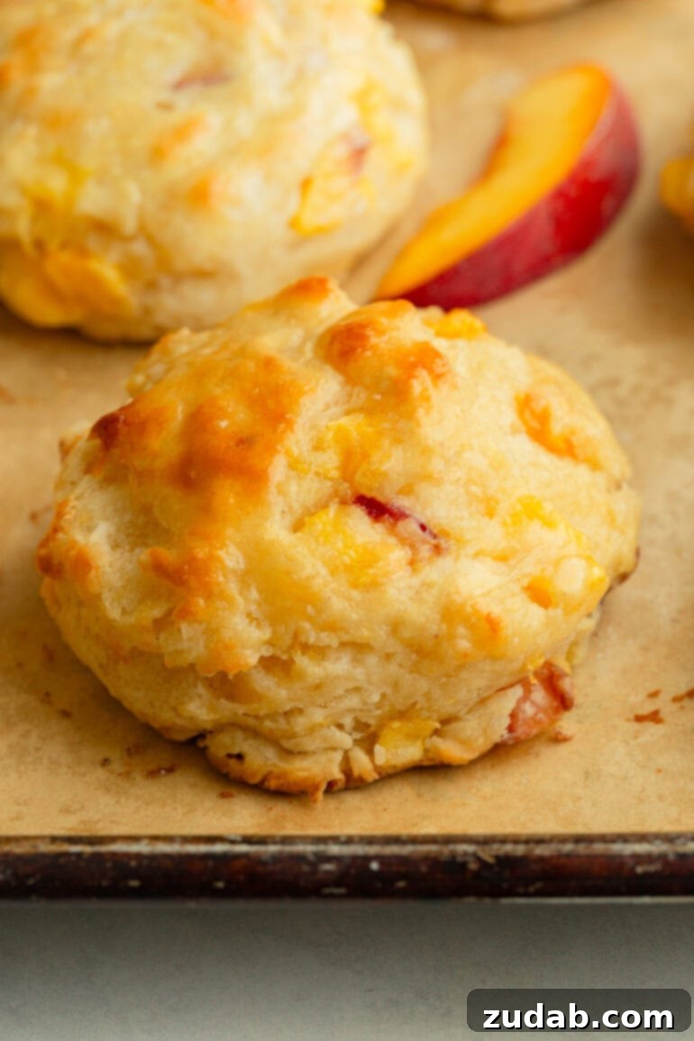 Sun-Kissed Peach Buttermilk Biscuits 6 A close-up of a perfectly baked, flaky buttermilk peach biscuit, generously topped with a glossy sugar glaze and adorned with fresh fruit pieces.
