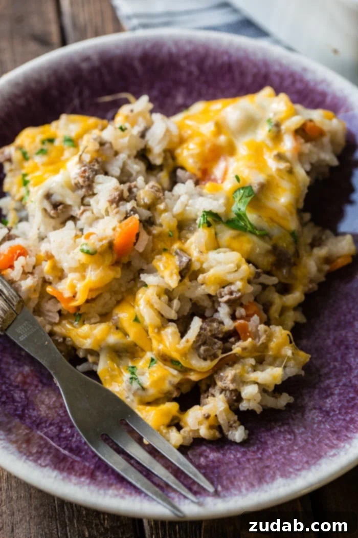 Golden Cheesy Beef & Rice Bake 3 A vibrant purple plate holding a serving of ground beef and rice casserole, garnished with chopped parsley, showcasing visible bits of bright orange carrots and a generous topping of perfectly melted Colby Jack cheese. A fork rests beside it.