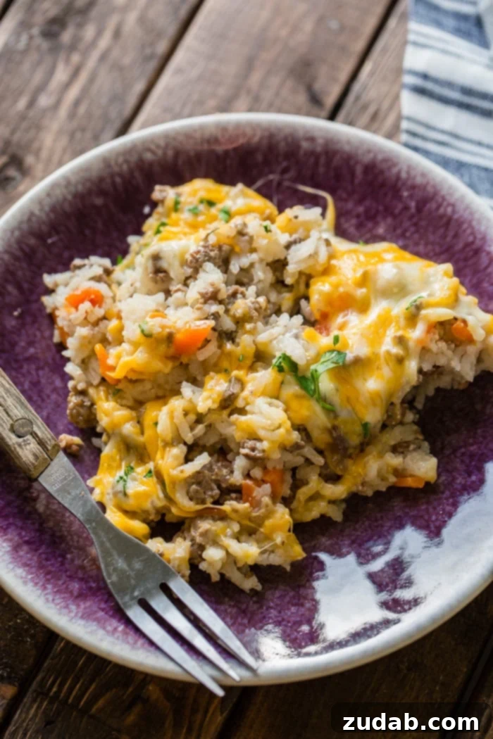 Golden Cheesy Beef & Rice Bake 6 A dark purple plate presenting a generous scoop of cheesy ground beef and rice casserole, flecked with carrots and delicately garnished with a sprinkle of chopped parsley. A wooden-handled fork rests invitingly beside it.