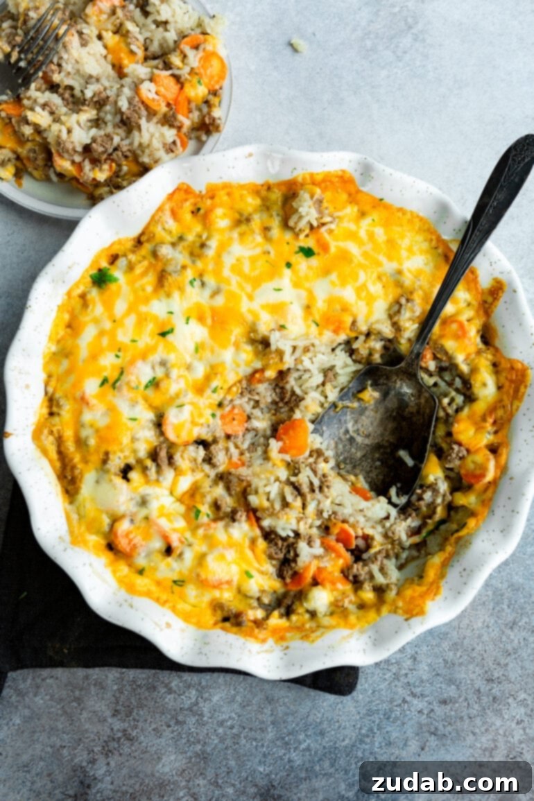 Golden Cheesy Beef & Rice Bake 7 A white circular ceramic baking dish generously filled with a golden, cheesy ground beef and rice casserole, ready to be served.