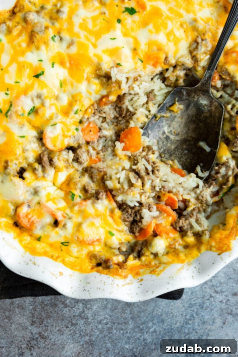 Golden Cheesy Beef & Rice Bake 8 A ground beef and rice casserole with melted cheese on top, captured as a large serving spoon scoops out a portion, ready to be enjoyed.