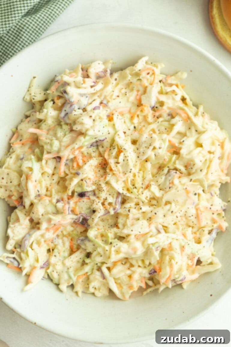 The Secret to Amazing Homemade Coleslaw 5 A vibrant bowl of cold and creamy cabbage slaw, loaded with fresh vegetables and tossed in a tangy, slightly sweet mayo-based sauce – the perfect summer side dish.